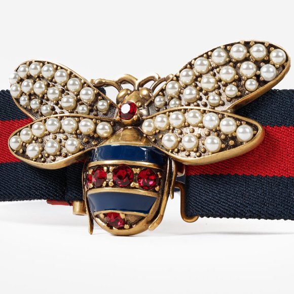 Gucci Queen Margaret Bee Canvas Striped Belt - Picture 3 of 6